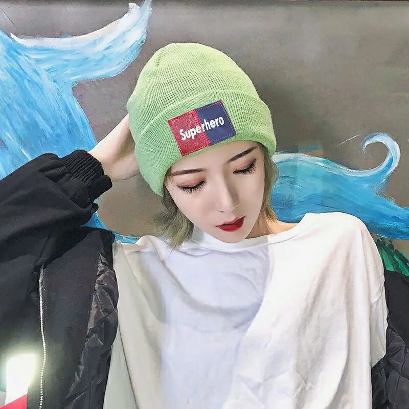 Модные толстые теплые вязанные шапочки Skullies с буквенным принтом, женские зимние шапки, шапки для девочек, женские вязаные шапочки, уличная шляпа панка