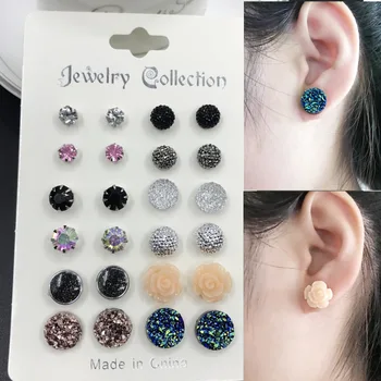 

12Pairs Women Stud Earrings Set 2020 Fashion Jewelry Flower Crystal Clip on Korean Earrings