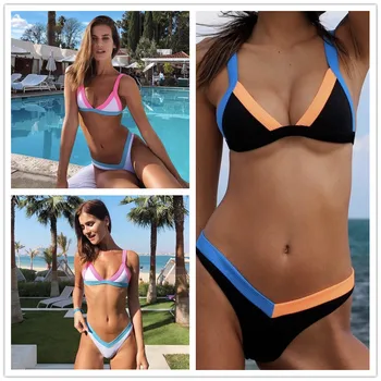 

2020 Sexy Special fabric Swimwear Biquini Women Push-up Soft Bikini Set Swimsuit Bathing Swim Suit Beachwear Solid Color Splice