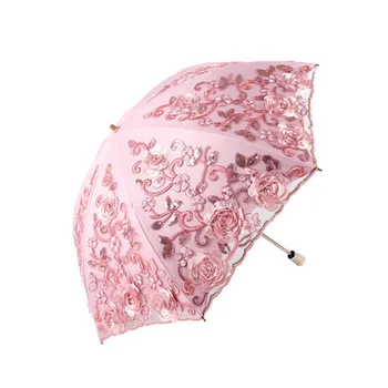 

New Embroidery Umbrellas Lace Double-layer Woman Fashion Umbrella Rain Three-folding Female Black Rubber Anti-UV Sunny Umbrellas