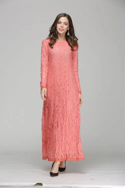 Кружевное мусульманское платье для женщин абайя Дубай длинный халат Туника кимоно Джаба кафтан хиджаб мусульманская одежда турецкие платья - Цвет: 1-pink