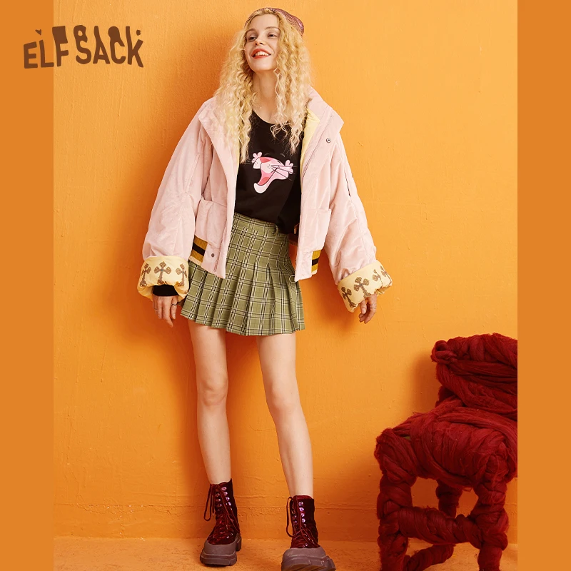 Greatest  ELFSACK Pink Solid Straight Print Warmness Coat Women 2019 Winter Flare Patchwork Sleeve Casual Off