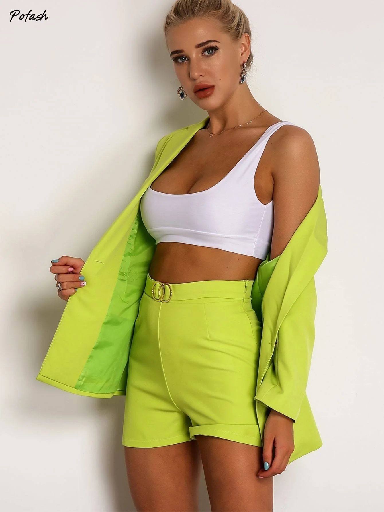 Joyfunear Neon Green Single Button Blazer & Ring Detail Short Set Joyfunear Neon Green Single Button Blazer & Ring Detail Short Set
