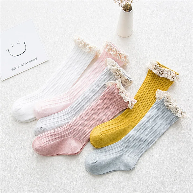 Cotton Children's Knee High Socks with Lace Cheap Stuff Ruffle Kid Baby Girls Leg Warmers | Мать и ребенок