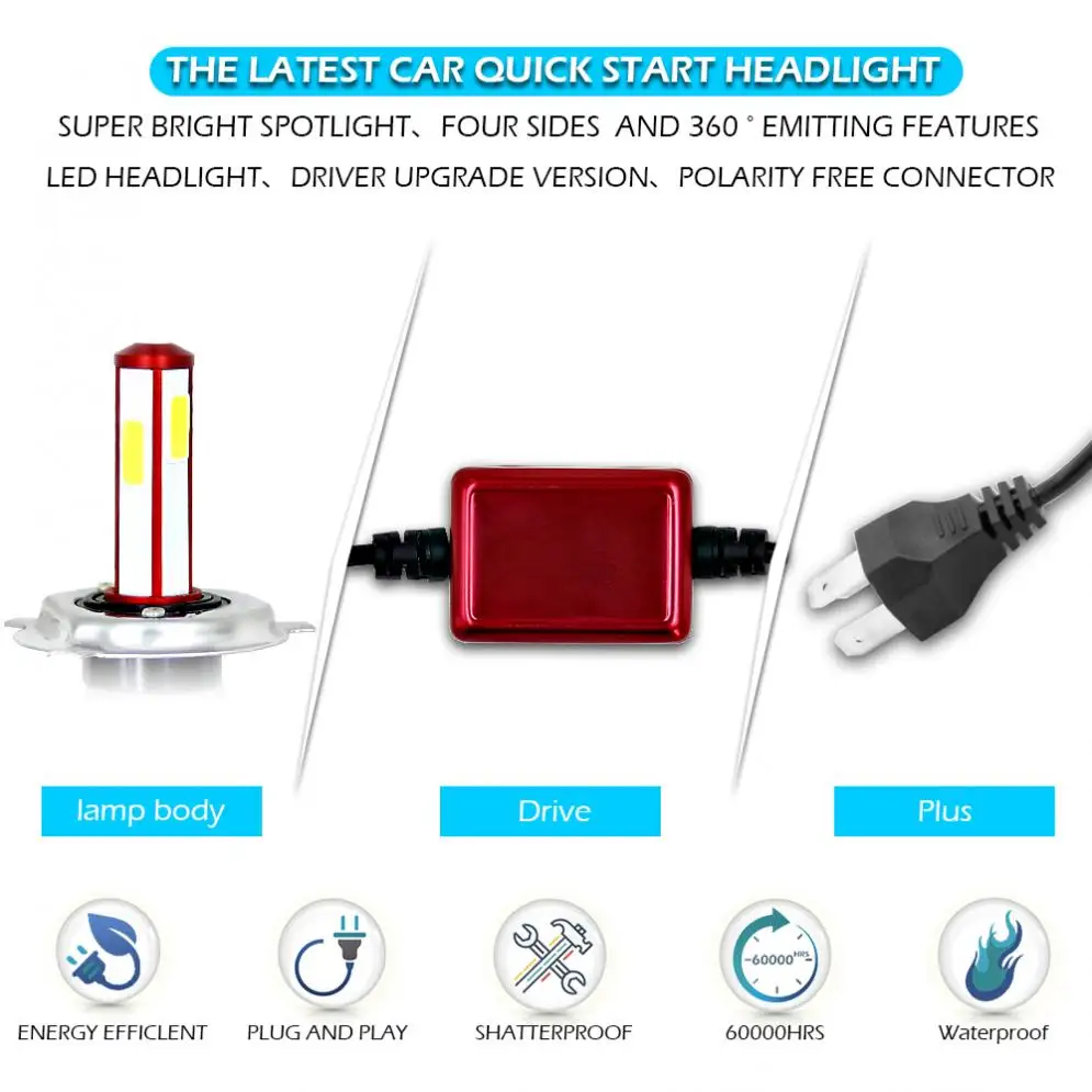 H4 HB2 9003 12000LM 100W 6000K все-в-одном светодиодный фар автомобиля Kit Высокое/ближнего света лампы Автомобильный светодиодный фары подходит для автомобилей