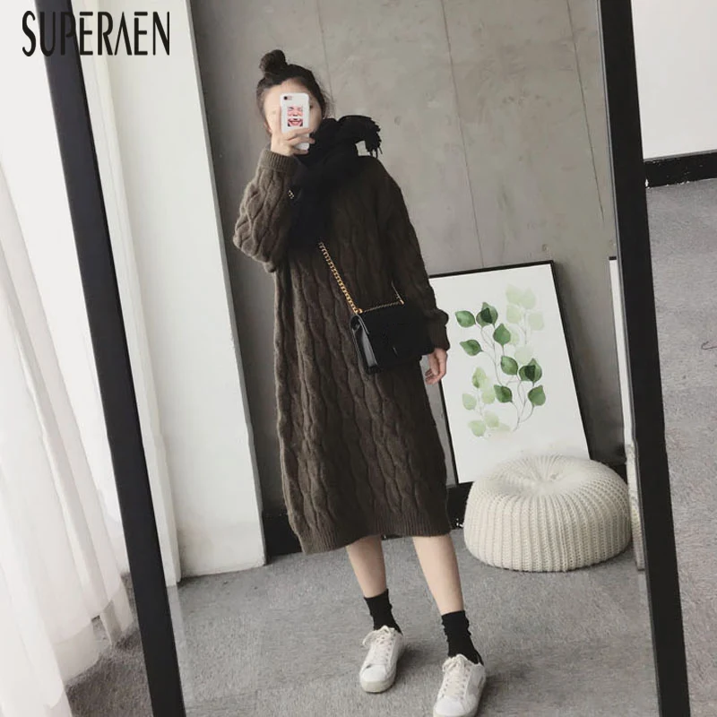 SuperAen, новинка, осеннее и зимнее платье в Корейском стиле, женское однотонное Повседневное платье с длинным рукавом, женская одежда