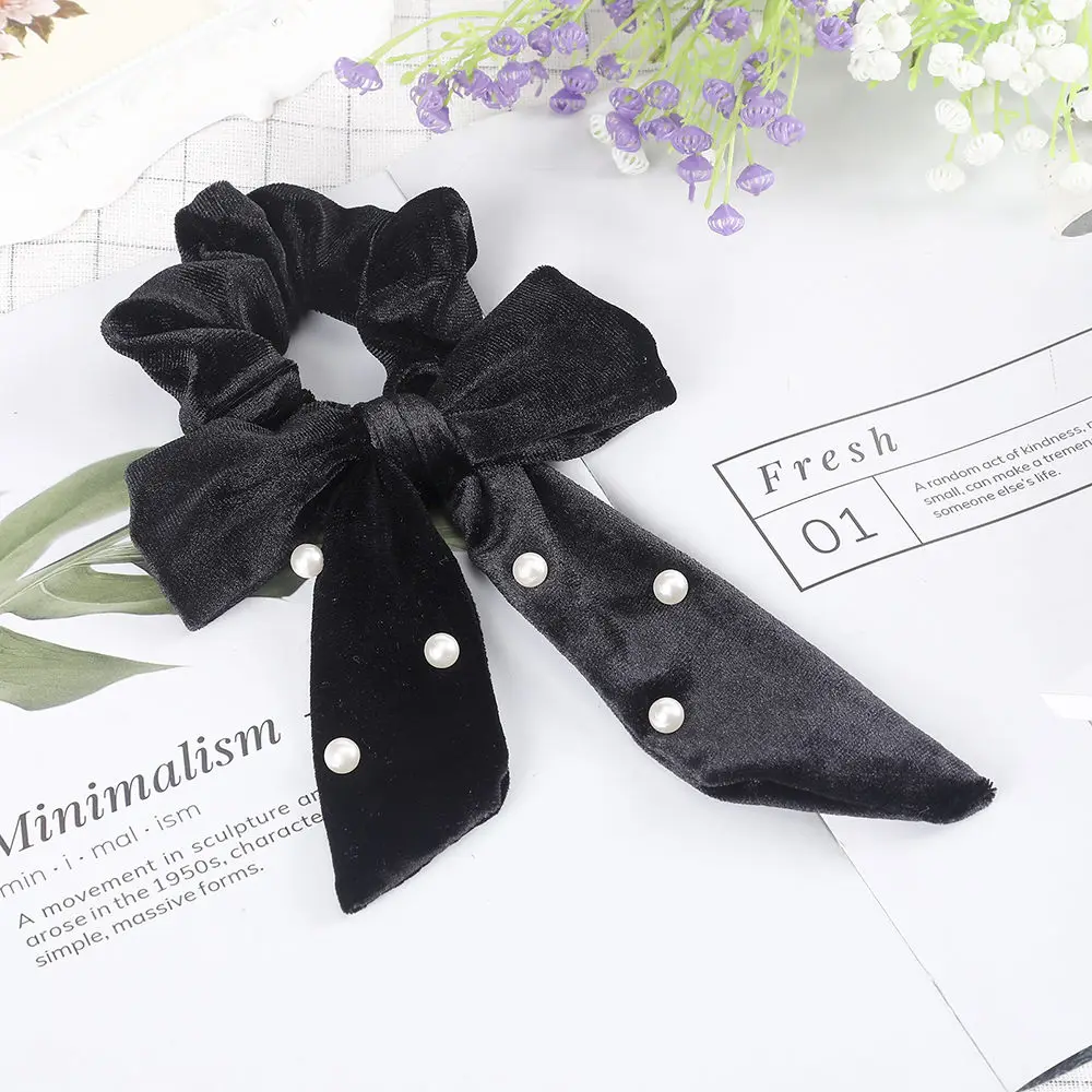 A BLACK AWAYTR Модные женские жемчужные коралловые бархатные ленты эластичные повязки для волос с бантом для девочек Милая повязка на голову мягкие Аксессуары для волос - Цвет: A BLACK