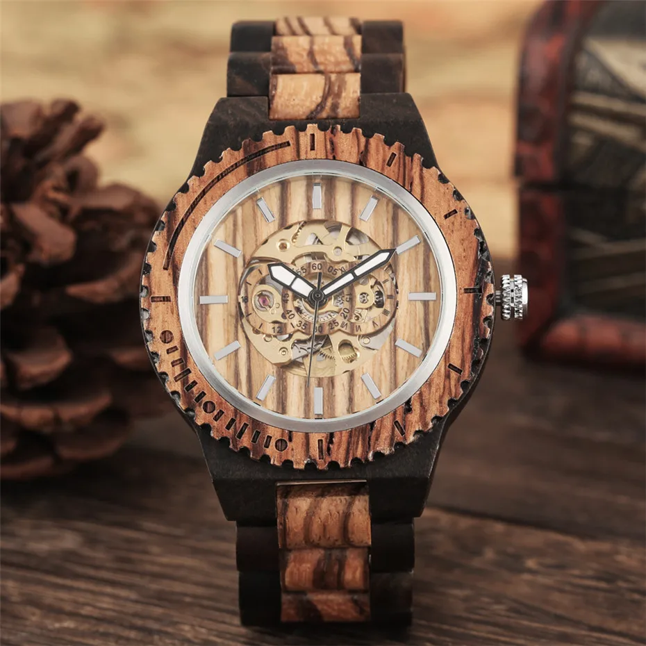 

Luxury Mechanical Men Watch Wooden Watches Automatic Timepiece Men's Wood Bangle Wristwatch reloj masculino New Arrival 2019
