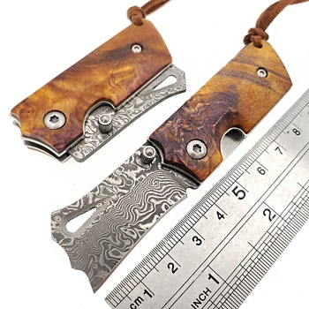 

Mini Damascus Folding Knife Wood Handle Outdoor Survival Portable Pocket Knives Camping Hunting Tactical Keychain Small EDC Tool