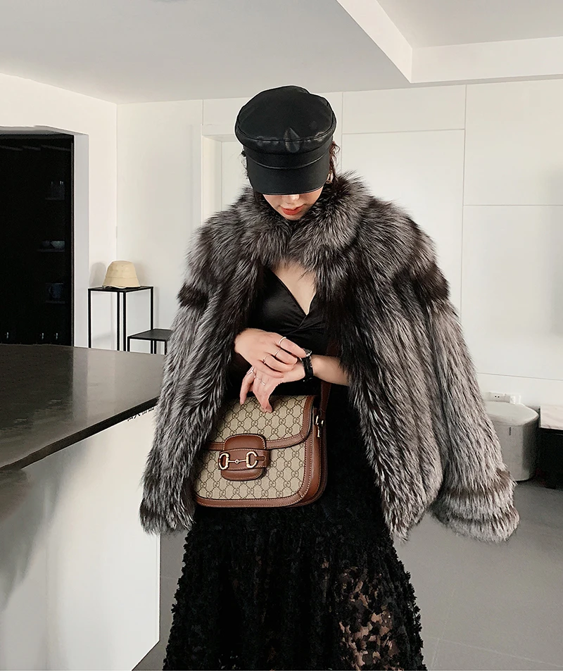 Ftangaiur Winter Import Sliver Fox Fur Coat New Women's O-Neck Solid Weave Loss Fox Coats Medium Natural Real Fox Fur Coats