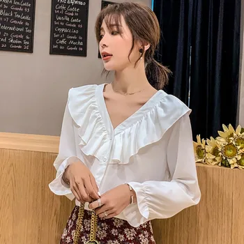 

Women Button V-Neck Ruffled Blouse Long Sleeve Shirts Casual Women Chiffon Blouses