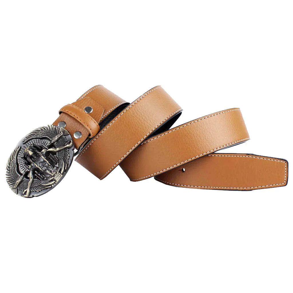 Luxury Native  Chief Tribe Leader Oval Shape Buckle Fiber Leather Belt Cowboy Waist Belt