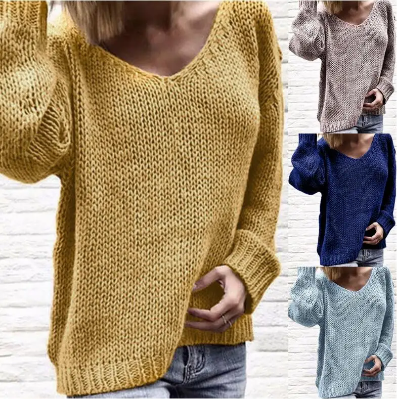 Sexy V-neck Knitted Sweater Women 2019 Casual Loose Fashion Solid Causal Style Female Clothing Plus Size 3XL | Женская одежда