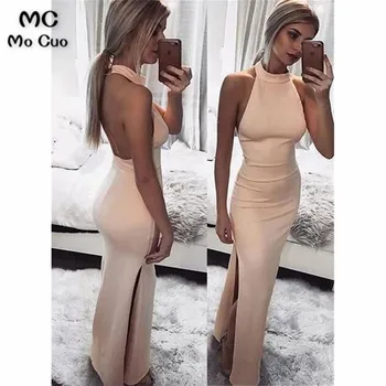 

Dusty Pink Halter Prom Party dresses Backless Front Slit Vestidos de fiesta Elastic Satin Fomal Evening Prom Party Dress