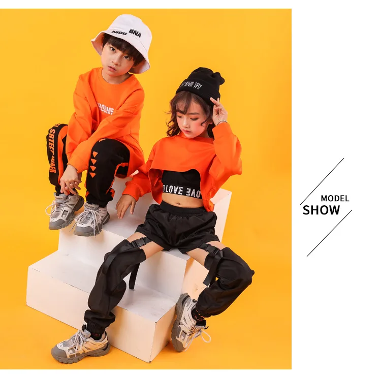 Kid Cropped Sweatshirt Shirt Jogger Pants Hip Hop Clothing Clothes Jazz Dance Costume for Girls Boys Ballroom Dancing Streetwear (10)