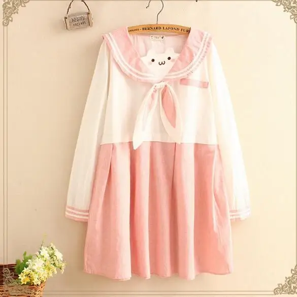 Японское розовое платье с бантиком в виде кролика матросского цвета женское