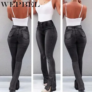 

WEPBEL New Summer Spring Ladies Pants Jean Trousers Women Long Jeans Full Flare Length High Waist Pants Solid Color Vintage