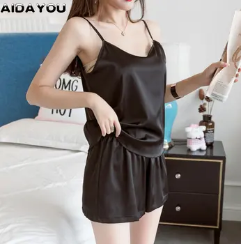 

Womens Satin Silk Pajamas Summer Sexy Sleepwear Girl suit | Sling Strap Two pieces | Underwear Curve Plus | Korea Japan ouc369