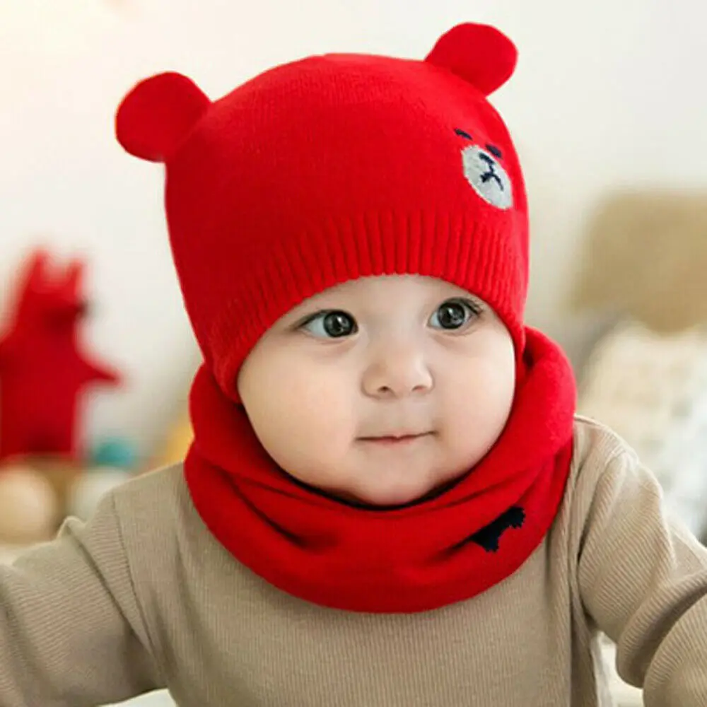 Милые детские теплые, зимние, Вязаные Шерстяная Круглая Шапочка шапка шейный платок лыжный Кепки для мальчиков и девочек