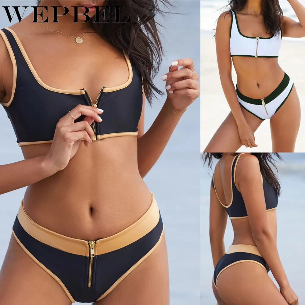 

WEPBEL Women New Bikini Set 2pcs Swim Suit Bra + Thong Zipper Patchwork Color Sexy Summer Beach Pool Party Bikinis Set Swimwear