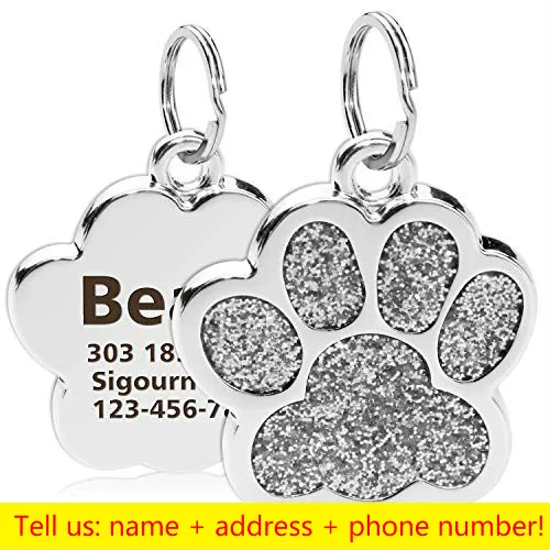 Personalized Engraving Pet Cat Name Tags Customized Dog ID Tag Collar Accessories Nameplate Anti-lost Pendant Metal Keyring Dog paw-Silver