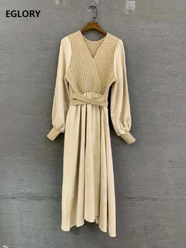 

High Quality Sweater Dress 2020 Autumn Winter Casual Vestidos Women V-Neck Knitted Patchwork Apricot Brown Black A-Line Dress