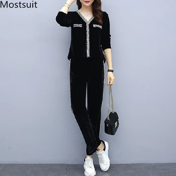 

2019 Black Velvet Two Piece Sets Outfits Women Plus Size V-neck Tops And Pants Suits Korean Casual Fashion Sport Tracksuits Sets