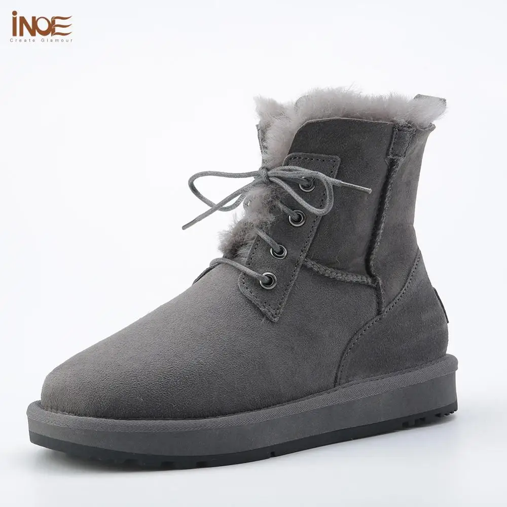 Snow-Boots Sheepskin Casual-Shoes INOE Waterproof Ankle Grey Black Winter Short Lace-Up