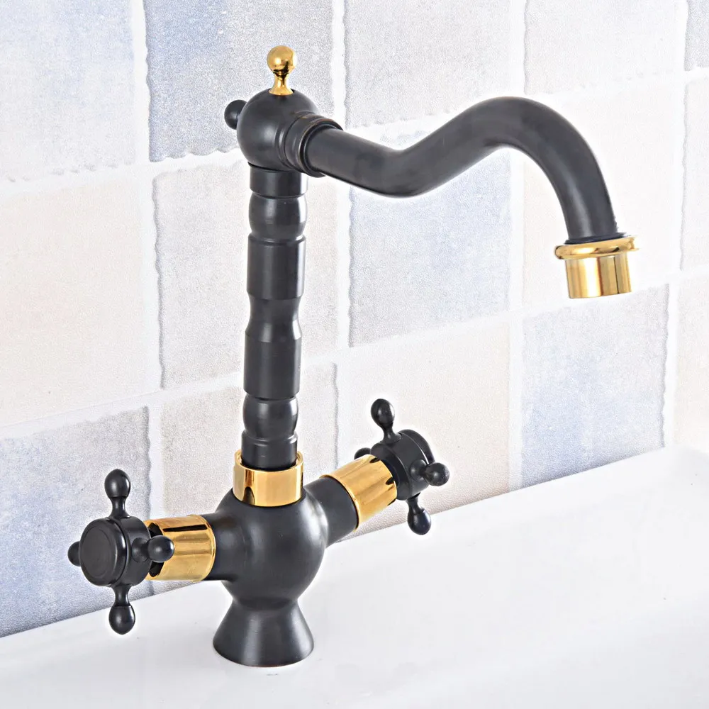 

Black & Gold Color Brass Swivel Spout Dual Cross Handles Kitchen Wet Bar Bathroom Vessel Sink Faucet Mixer Tap One Hole asf794
