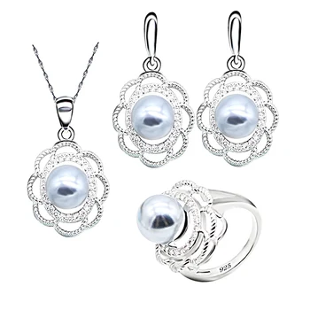 

Classic Gray pearl Wedding Jewelry Silver 925 Jewelry Set for Women Earrings Ring Necklace Pendant Jewelry Box