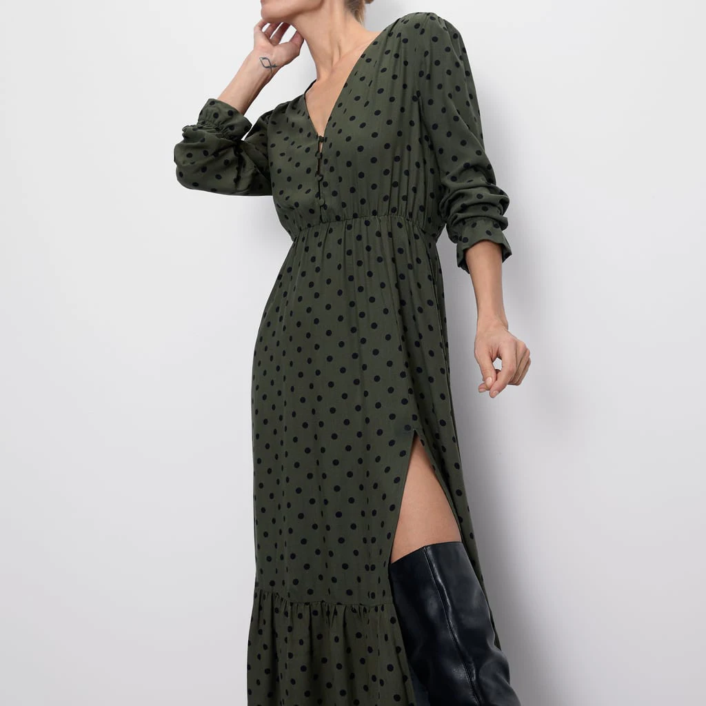  2019 ZA Fashion Vintage Dot Dress Women Clothing Trendy Casual V-Neck Slit Sexy Party Club Dress Fe