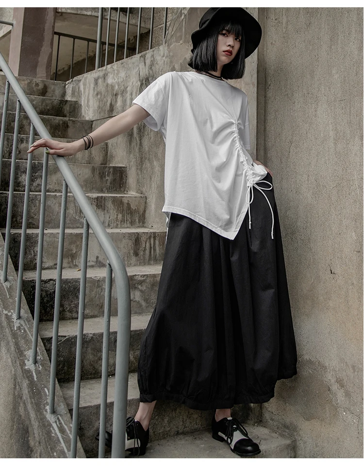 [DEAT] New Autumn Winter Round Neck Short Sleeve White Irregular Hem Drawstring Big Size T-shirt Women Fashion Tide JX10