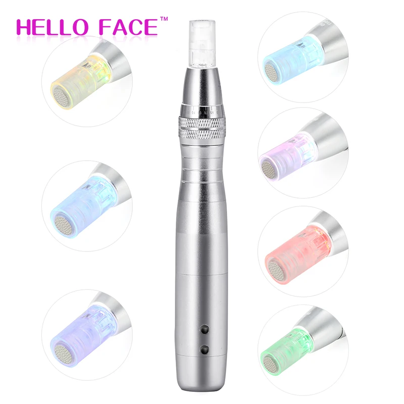  HELLO FACE Electric Derma Pen 7 Colors Lights LED Photon Pen with 12 Pin Adjustable Nano Micro Need - 4000021826676