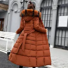 Новая длинная хлопковая стеганая куртка до колена, женское корейское тонкое хлопковое зимнее пальто с плотным шерстяным воротником на подкладке из хлопка