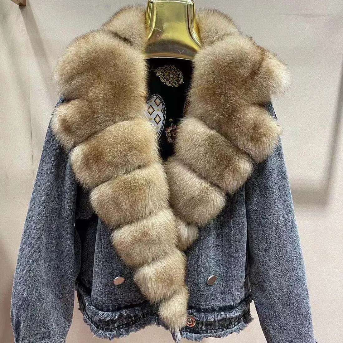 Denim Coat with Real Large Fox Fur Collar for Women, Furry Jacket, Fluffy Suit, Luxurious Brown and Yellow Coat, Winter Fashion