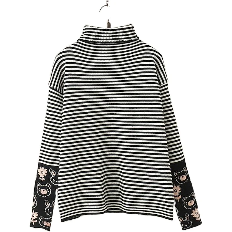 

Mori Girl Style Sweet Striped Loose Stitching Half High Neck Sweater Women Harajuku Sweaters Jacquard Pullover Tops 2011829