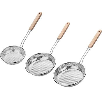

3 Pcs Stainless Steel Colander Strainer Noodle Cooking Spatula Pasta Oil Spoon Strainer Kitchen Tool Wooden Handle
