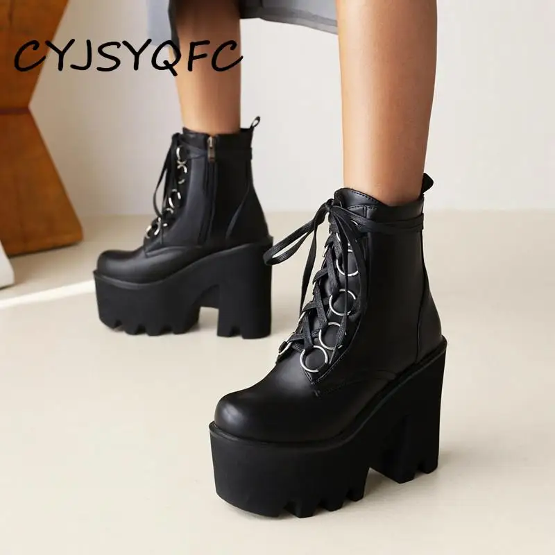 

CYJSYQFC Fashion Black Patent Leather Women Ankle Boots Punk Gothic Style Lace Up Thick Bottom Chunky Heel Platform Ladies Boots