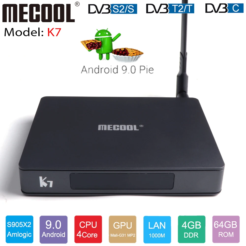 MECOOL K7 Android 9,0 ТВ коробка DVB-T2 DVB-S2 DVB-C Декодер каналов кабельного телевидения Amlogic S905X2 4GB 64GB 2,4G 5G, Wi-Fi, BT4.1 4 к HD медиа плеер