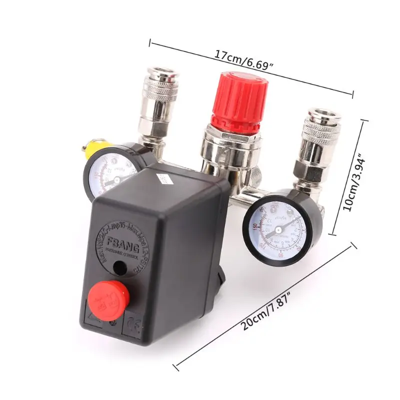1 Set Air Compressor Pressure Control Switch Valve 0.5-1.25MPa with Manifold Regulator Gauges