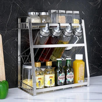 

Three-Layer Kitchen Spice Bracket 304 Stainless Steel Countertop Spice Bottle Organizer Shelf Metal Storage Rack 35*18*38cm