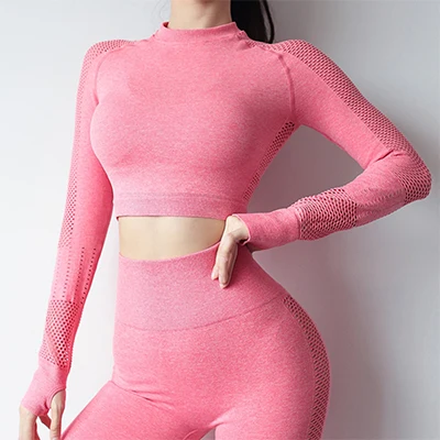 pink Zhangyunuo бесшовный укороченный Топ с длинным рукавом для йоги женские рубашки для спортзала с отверстием для большого пальца беговые топы для фитнес-тренировки сексуальные сетчатые спортивные футболки - Цвет: pink