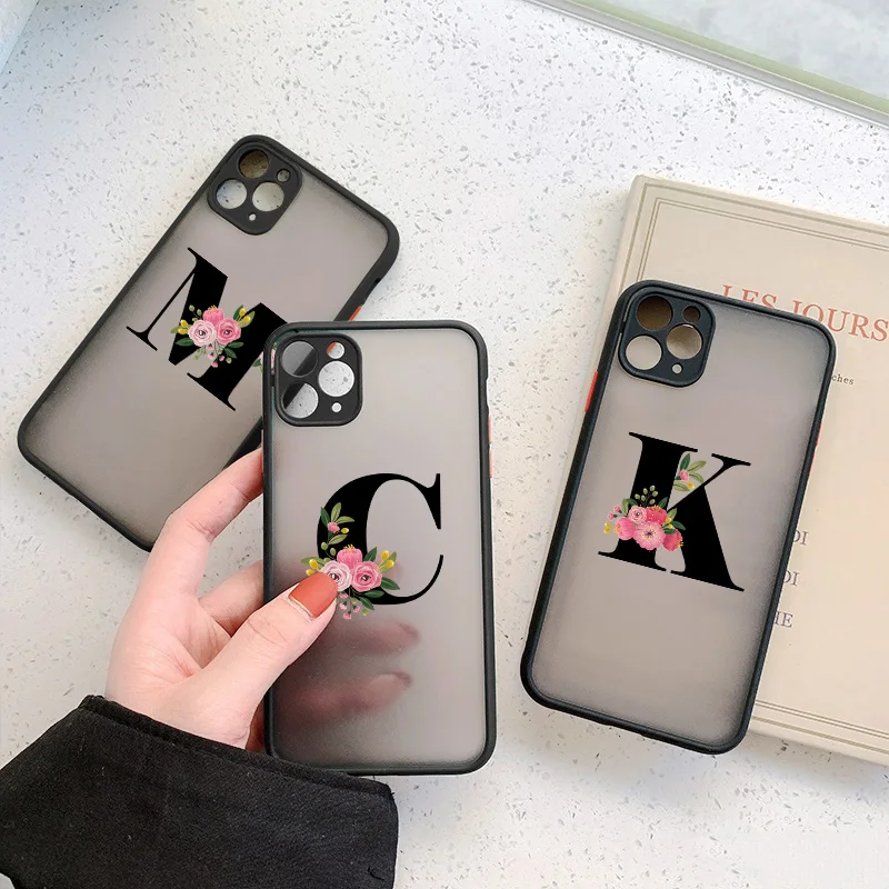 Elegant Black Letter Flower Matte Phone Case - Fashionable Protective Shell