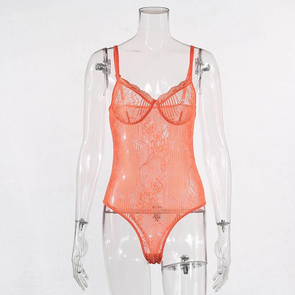 one shoulder bodysuit 2020 New Summer High Street Sexy Neon Pink Lace Bodysuit Women Floral Embroidery Sheer Bodycon Overalls Female Slim Party Outfit black lace bodysuit