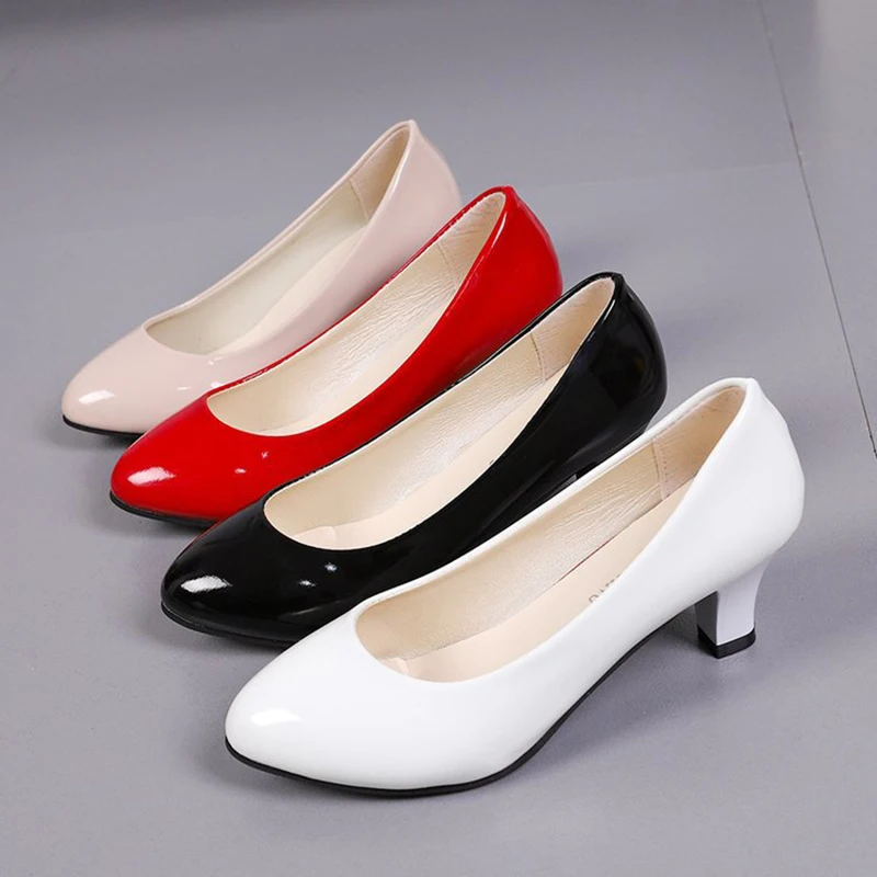 

Women High Heels Sandals Solid Round Head Bright Leather Wear-resistant Work Shoes Leisure Non-slip Mid Heel Elegant Sandals