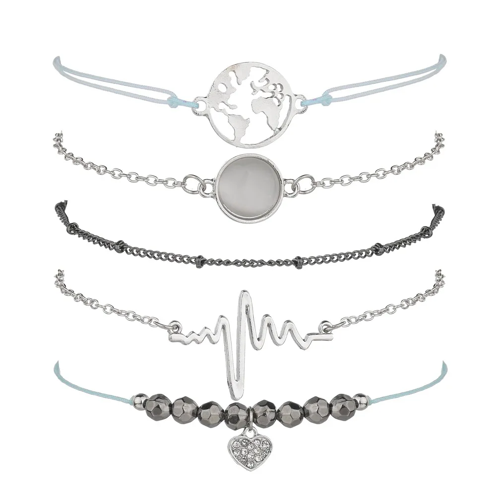 Cross-border Simple Electrocardiogram Black Bead Map Bead Chain Round Stone Set Jewelry