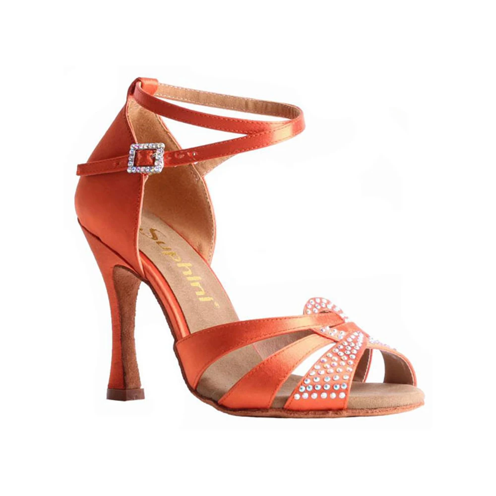 ; Suphini; Классическая обувь для сальсы с ремешками; Оранжевая атласная обувь; стразы; обувь для латинских танцев сальсы