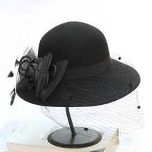 Элегантная Женская шерстяная фетровая шляпа с широкими полями дамская шляпа-колокол котелок осень зима церковные шляпы женские шапки винно-красный черный M106