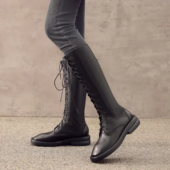 

High Boots Women Autumn Winter Warm Side Zipper Cross Tied Boots Women Round Toe Boots Platforms Knee High Boots