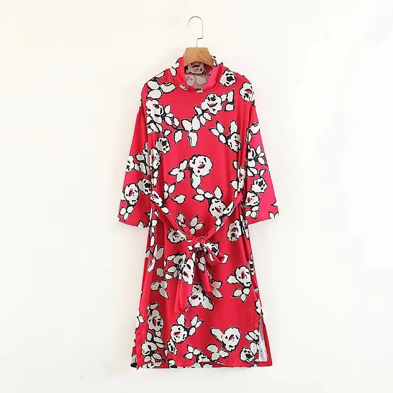 

2018 Western Style Early Spring Women's Dress New Style Three-quarter-length Sleeve Lace-up Floral Printed Dress
